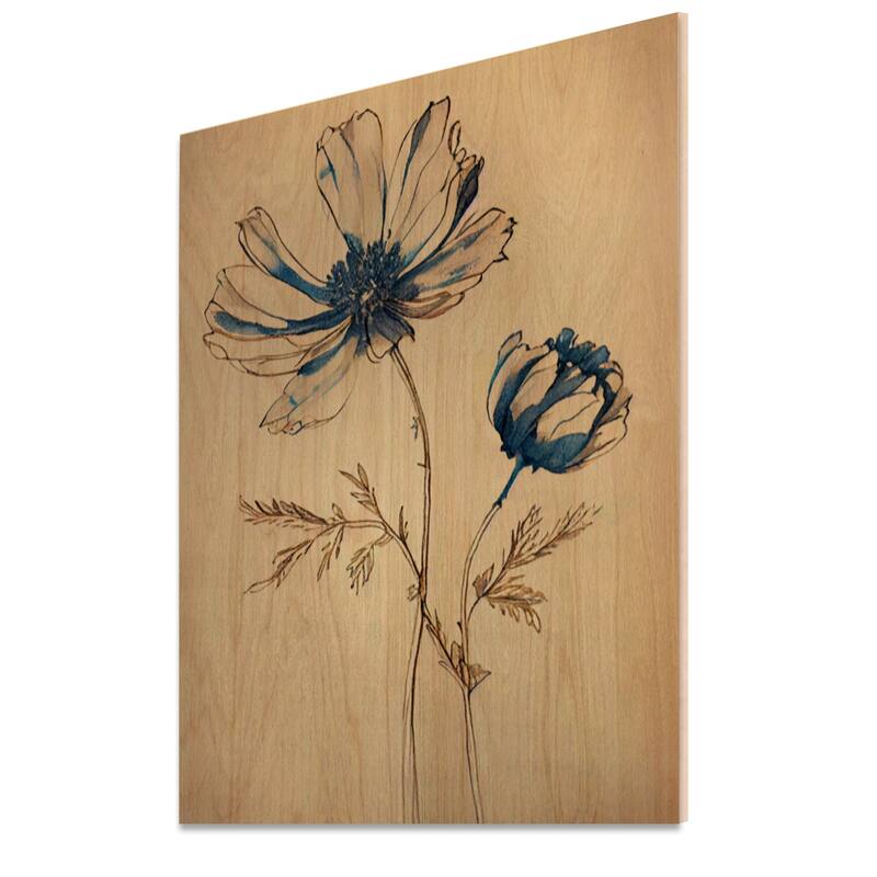 Designart 'Blue Vintage Flower Blooming VII' Floral Wood Wall Art - Natural Pine Wood