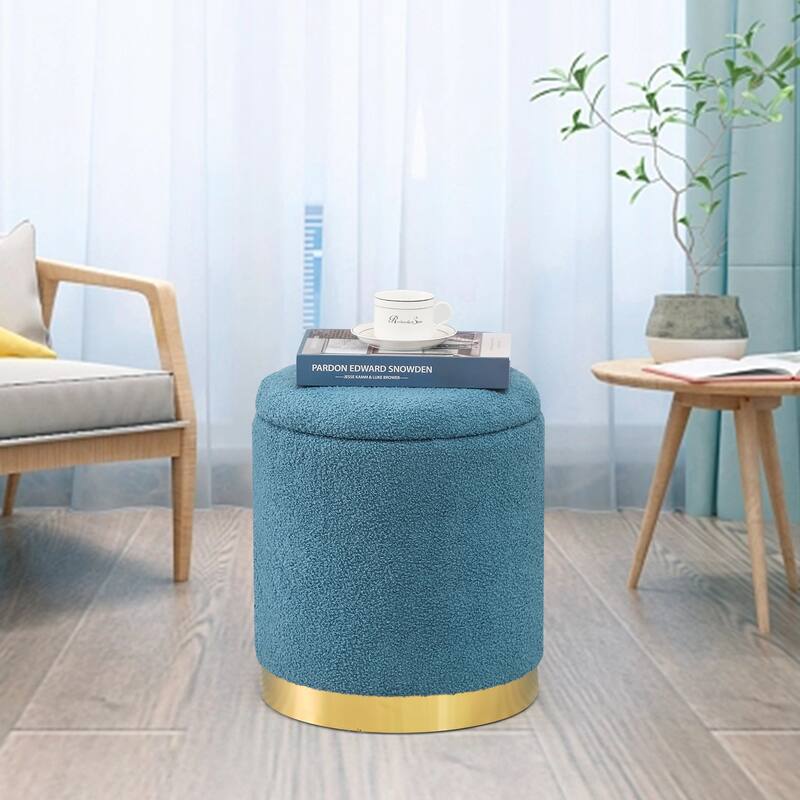 Adeco Velvet Round Storage Stool Gold Plating Base Storage Ottoman