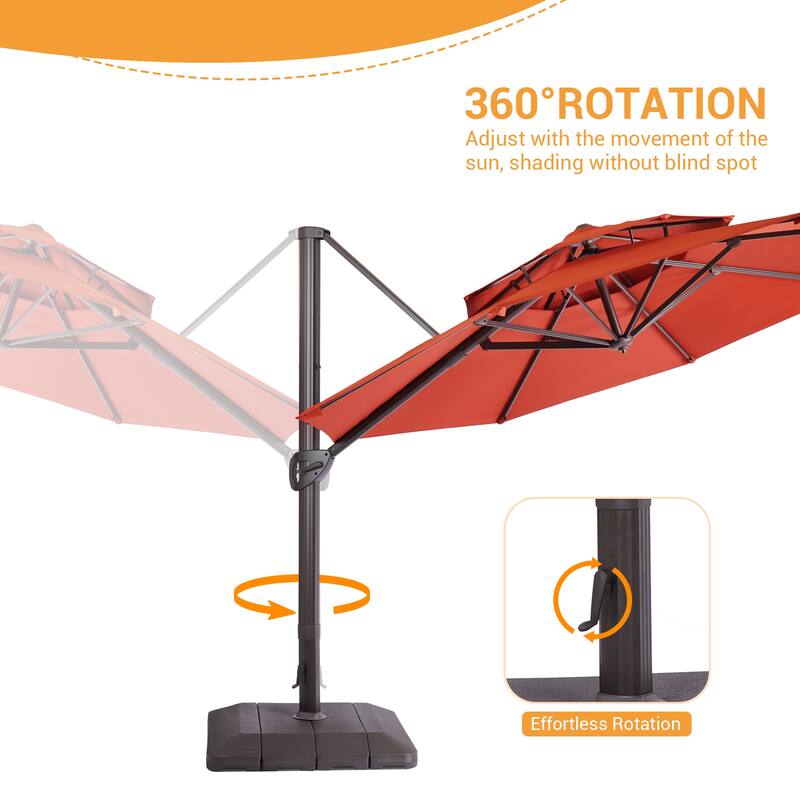 LIVOOSUN 11Ft Double Top Patio Hanging Octagon Cantilever Umbrella with 360-degree Rotating Canopy, Red