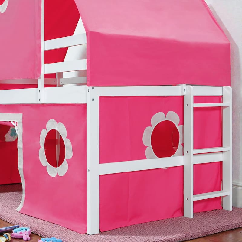 Kids Loft Bed with Slide, Tent and Tower, Solid Wood Castle Playhouse Loft