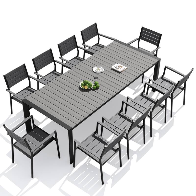 11-Piece Outdoor Patio Dining Set Wood Like Table Top Aluminum Rectangular Umbrella Hole Table with Stackable Armrest Chairs