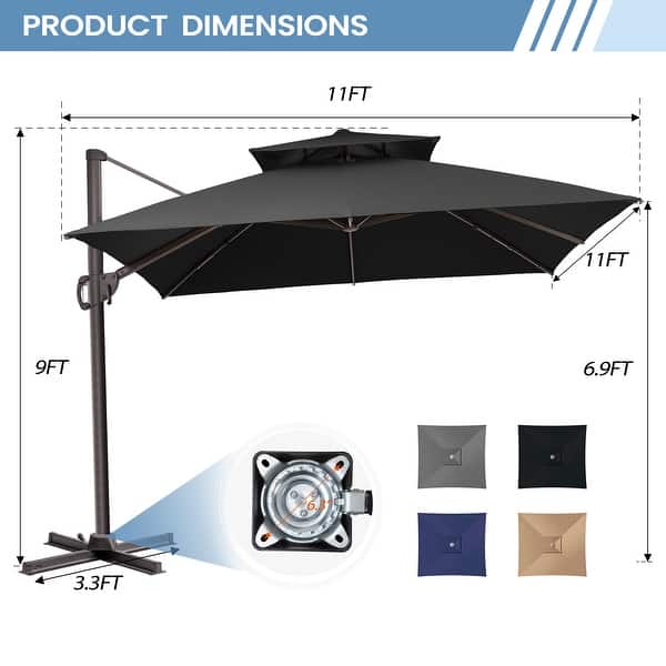 dimension image slide 1 of 9, 11 x 11 FT Outdoor Square Patio Cantilever Offset Umbrella with Crank and 360 Degrees Rotation