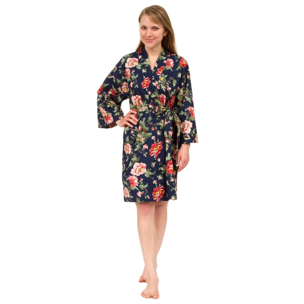 Leisureland Women's Cotton Poplin Robe, Short Kimono Floral Robe