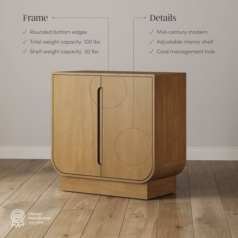 Joey Mid Century Modern Storage Cabinet, Arched Accent Cabinet with Rounded Bottom Edges and Integrated Door Pull Cutouts