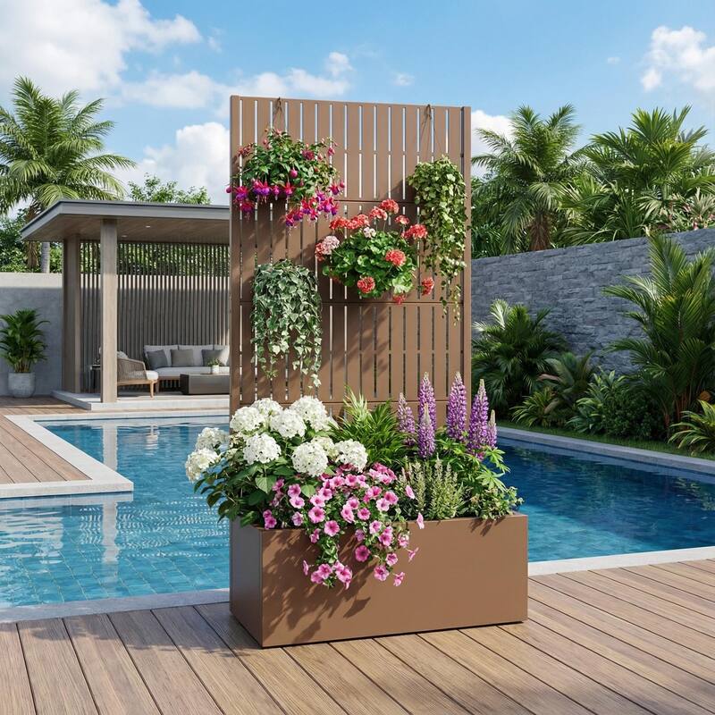 Raised Garden Bed Planter with Trellis Movable Planter Box with Lockable Wheels - 59"x30" - Brown