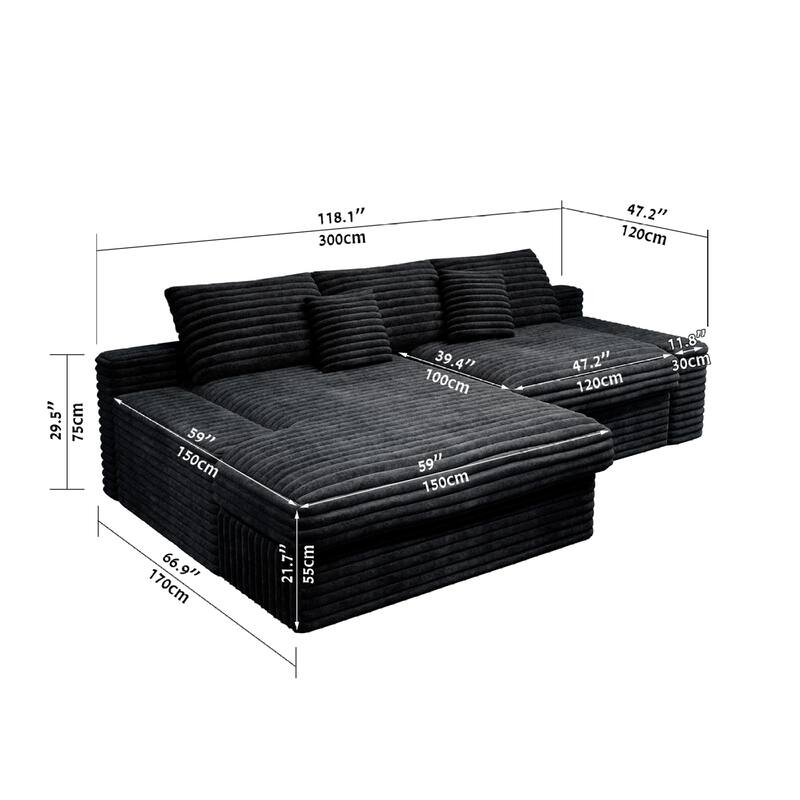 Roomfitters 118.1" Modular Sectional Sofa, 2-Piece Compressed Cloud Couch, No Assembly Required, Plush Corduroy, Black