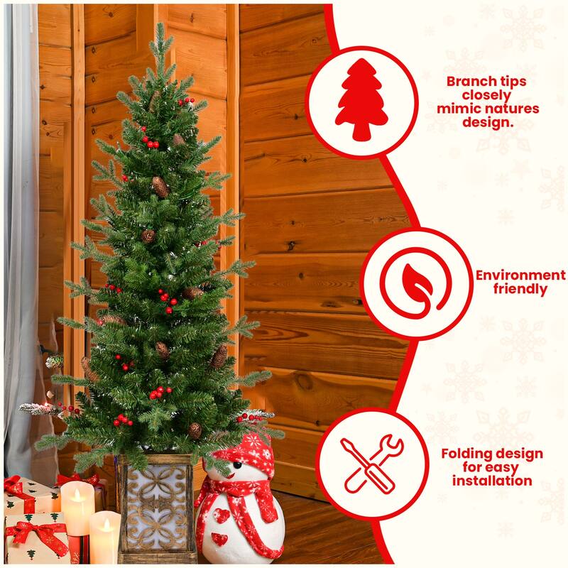4ft Pre-Lit Green Christmas Tree With Glitter Base-100 Multicolor Led Lights,396 Tips,Red Berries & Pine Coness
