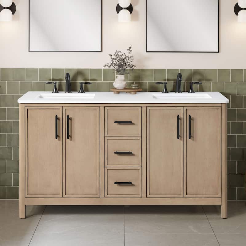 OVE Solas Bathroom Vanity with White Engineered Stone Top - 60" - Sahara Birch