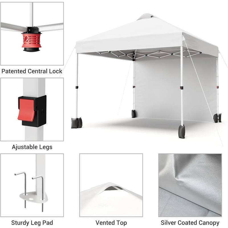 10x10ft Portable Instant Pop Up Canopy Tent with 1 Sidewall for Parties, Camping, Beach - N/A