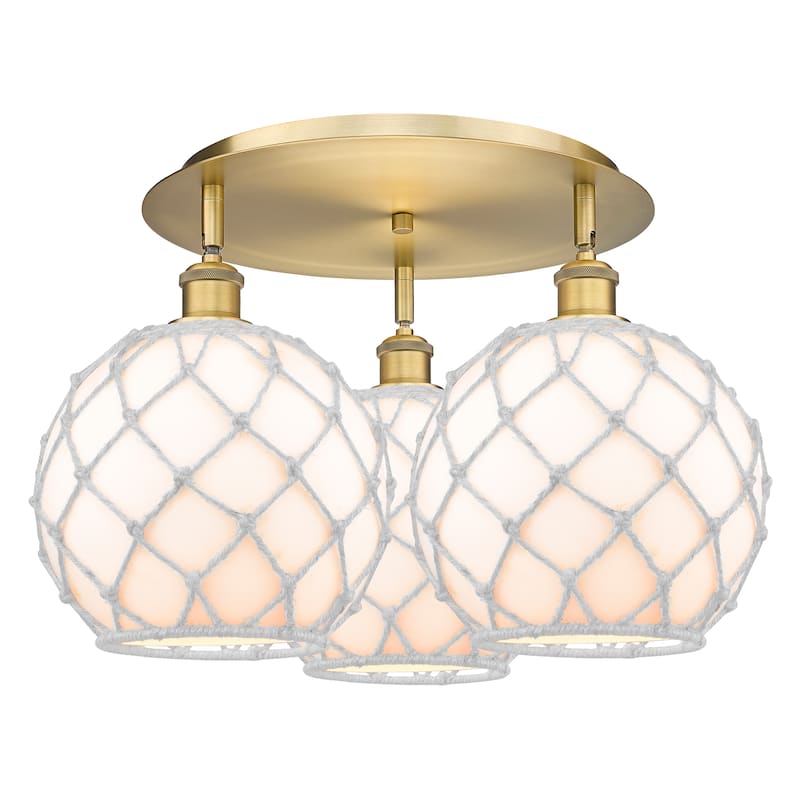 Innovations Lighting Endless Possibilities Ballston - Farmhouse Rope - 3 Light 22" Flush Mount - Brushed Brass/White Glass with White Rope