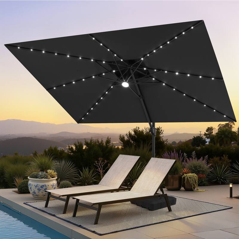 12 x 9 FT Outdoor Patio Cantilever Umbrella with Solar Lights Double Canopy 360 Rotation Tilt with Wheel Base - Black