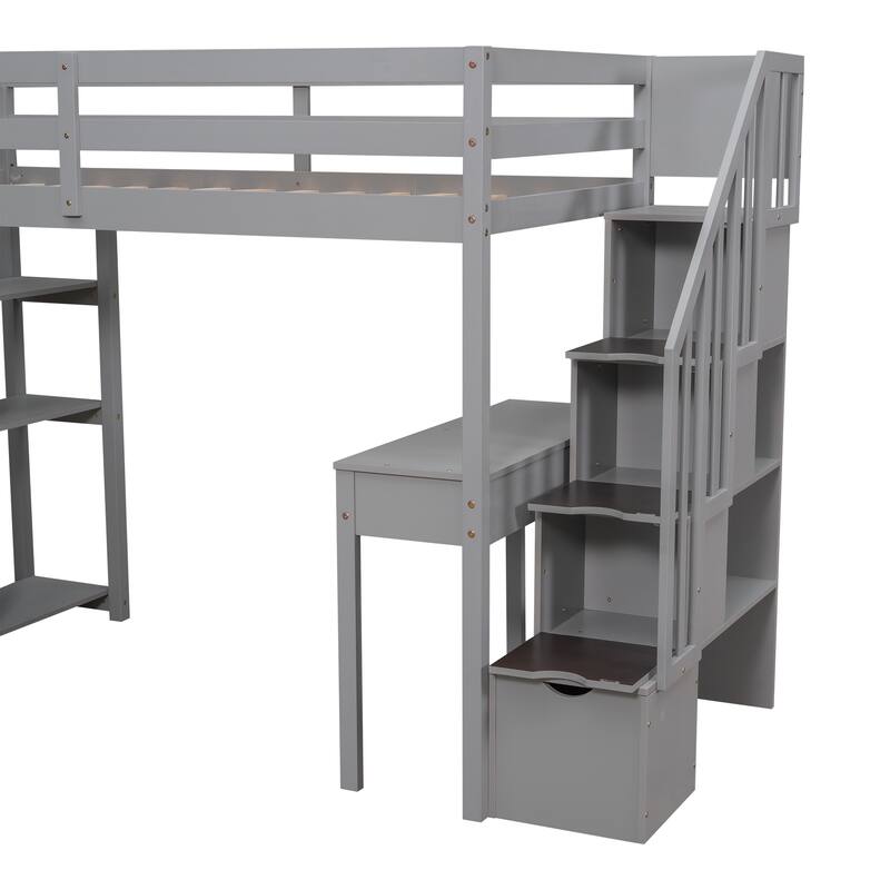 Twin size Loft Bed, with Built in Desk, Drawers, and Storage Stairs