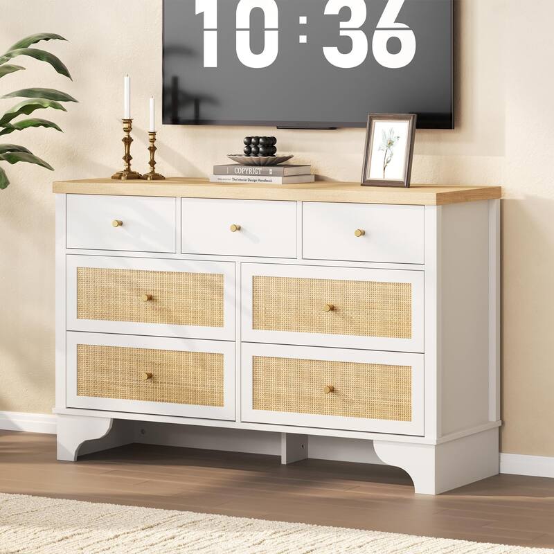 Dresser for Bedroom with 7 Drawers, 7 Drawers Double Dresser, 47.3'' Wide Wood Chest of Drawers with Wood Drawer - White