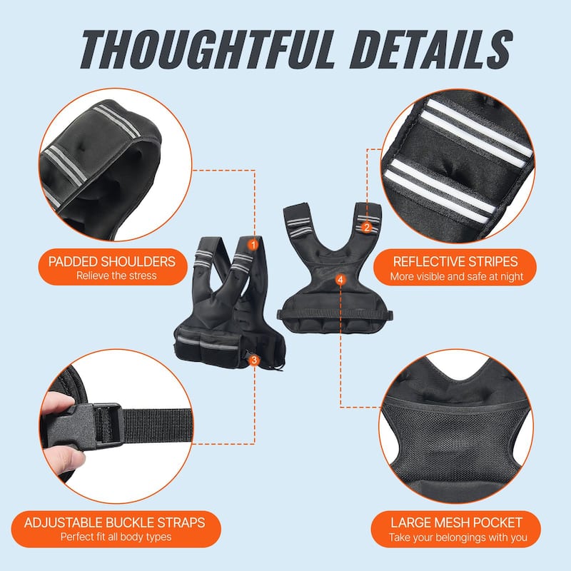 Black Neoprene Adjustable Weighted Vest 11 to 20 lbs with Reflective Strips - 20 Lbs