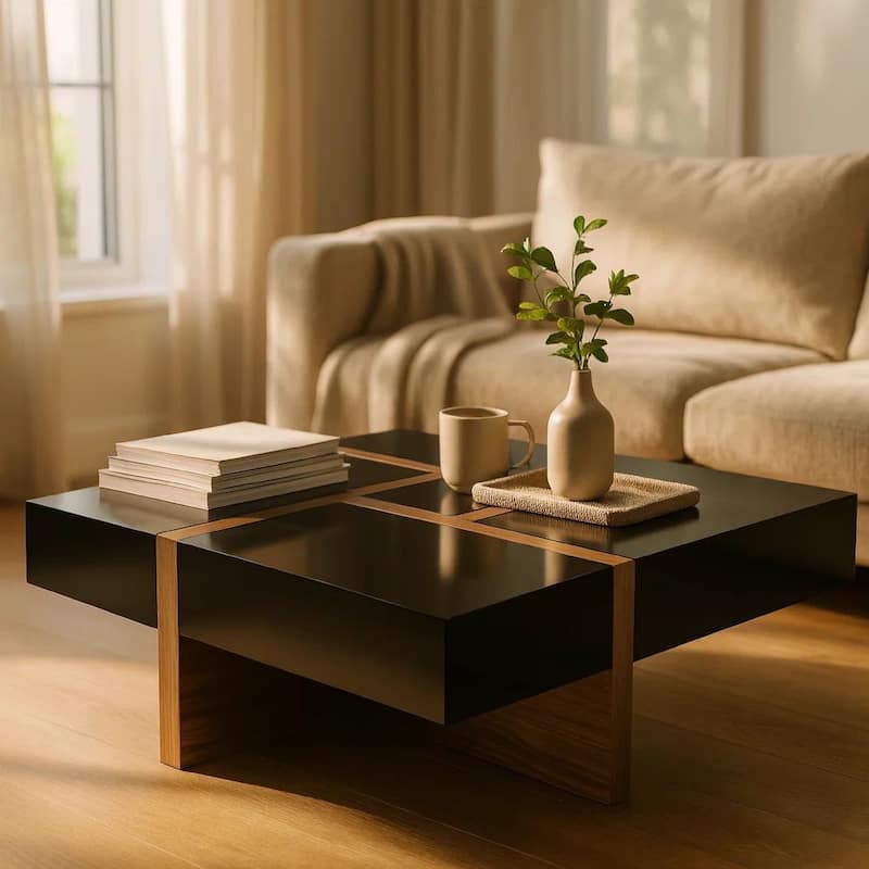 Square Top Wooden Coffee Table with 4 Drawer Storage, Brown and Black