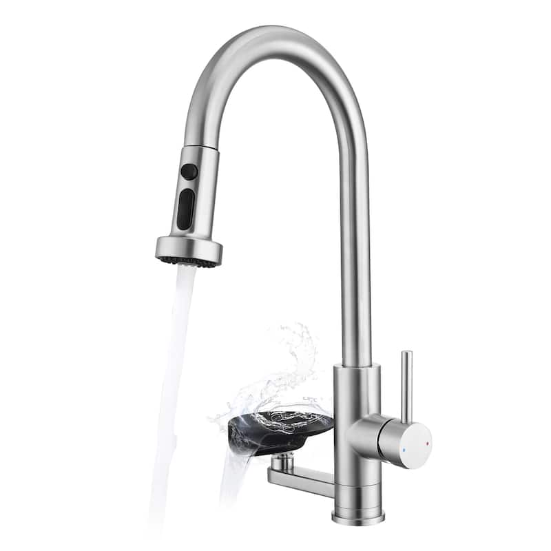 Modern 3-in-1 High-Arc Pull-Down Sprayer Kitchen Faucet with 3 Function Spray Mode & Press-Type Glass Rinser - Brushed Nickel