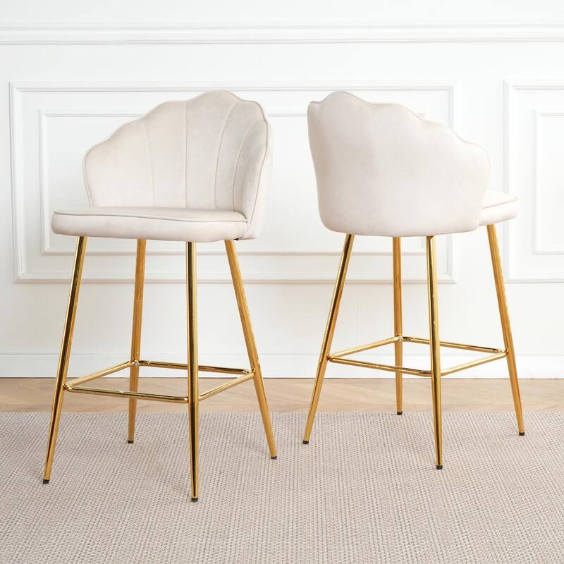 Set of 2 Velvet Shell Bar Chairs with Gold-Plated Metal Legs - Off White