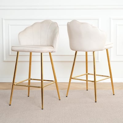 Set of 2 Velvet Shell Bar Chairs with Gold-Plated Metal Legs