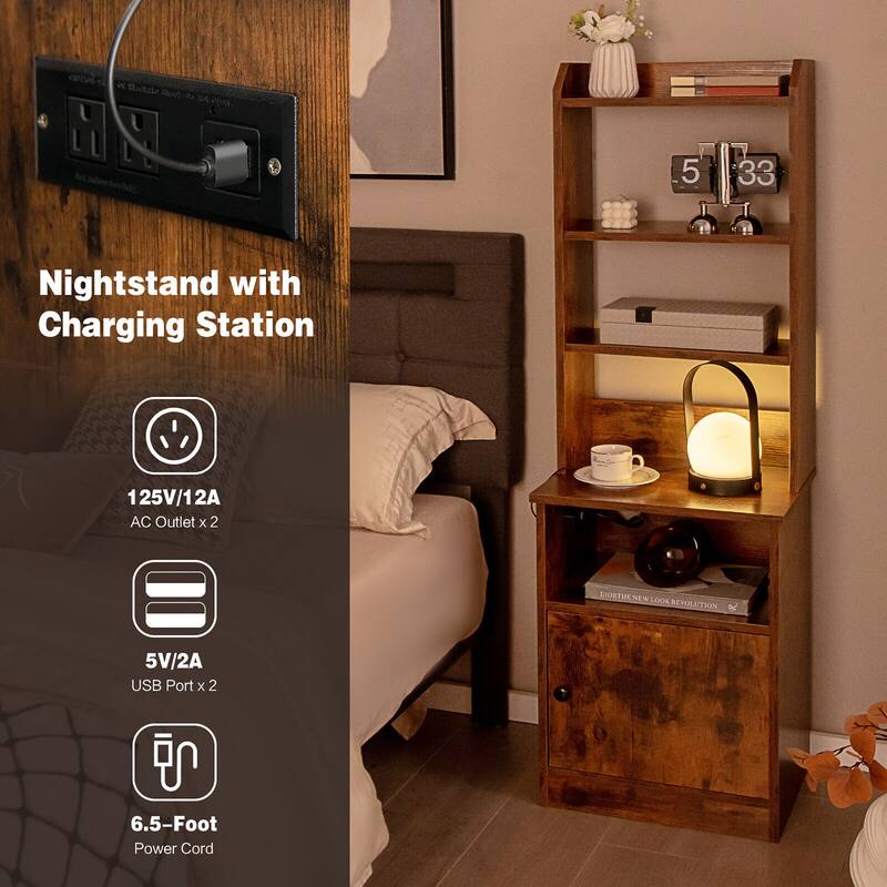 Gymax Nightstand Bedside End Side Table Bookshelf w/ Charging Station