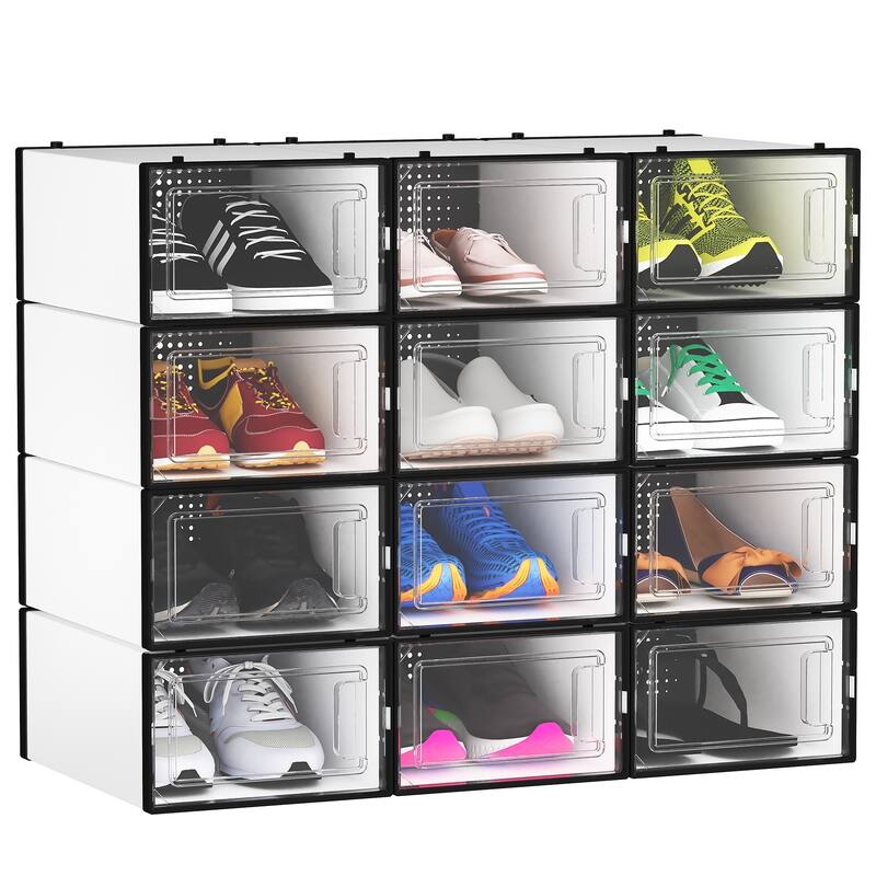 6/12/18 Pack Shoe Storage Box Plastic Stackable Shoe Organizer for Closet Foldable Sneaker Containers Bins Holders Racks