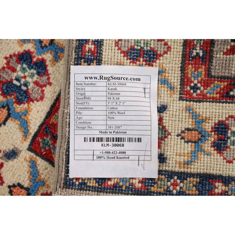 Gray Kazak Oriental Foyer Rug Hand-Knotted Wool Carpet - 2'1" x 3'1"
