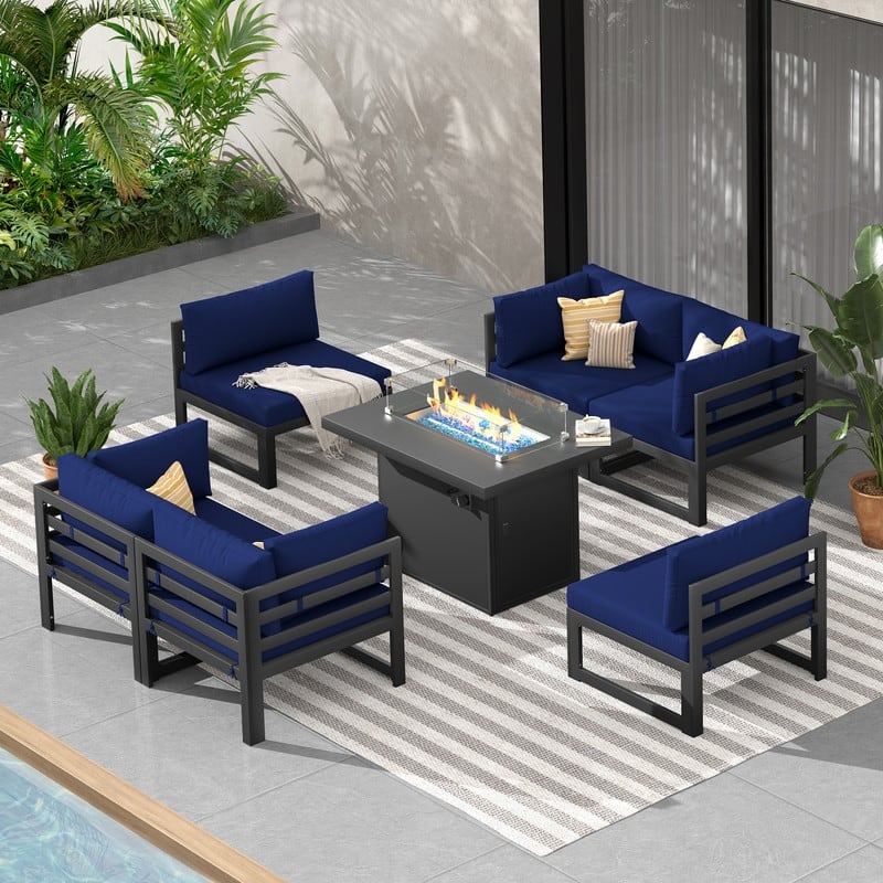 FINCATI Aluminum Outdoor Patio Furniture Conversation Sectional Sofa Set - 7 Pieces - Navy Blue