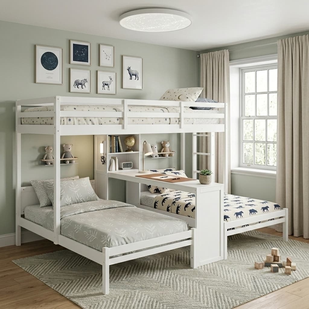 Multi-Functional Twin-over-Twin-and-Twin Bunk Bed with Reading Lamp