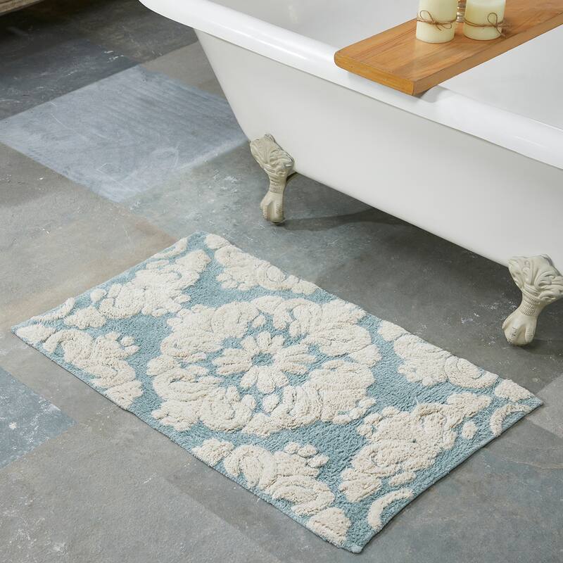 Better Trends Medallion Collection 100% Cotton 5-Pc Set Bathroom Rugs-Soft & Super Absorbent, Non-Skid Latex, Machine Washable - 5 PC Set 17"x24"|20"x20"|21"x34"|24"x40"|20"x60" - Blue & Natural