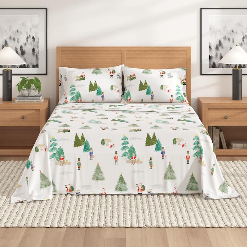 Linery & Co. Christmas Turkish Cotton Double-Brushed Flannel Bed Sheet Set - King - Watercolor Santa Scene