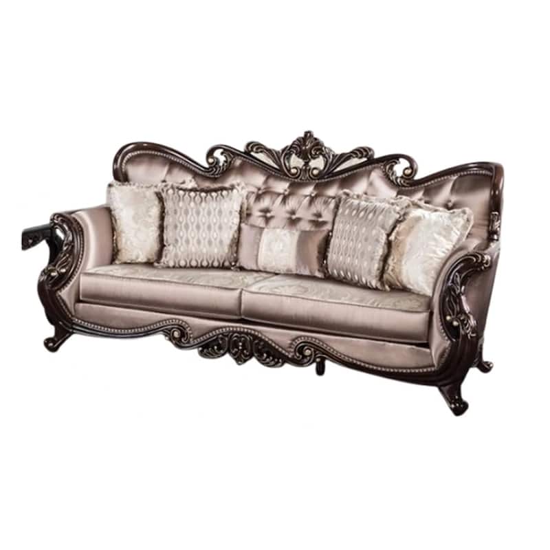 Aboi Sofa w 5 Pillows, Brown Velvet, Carved Dark Cherry Wood, 95 Inch
