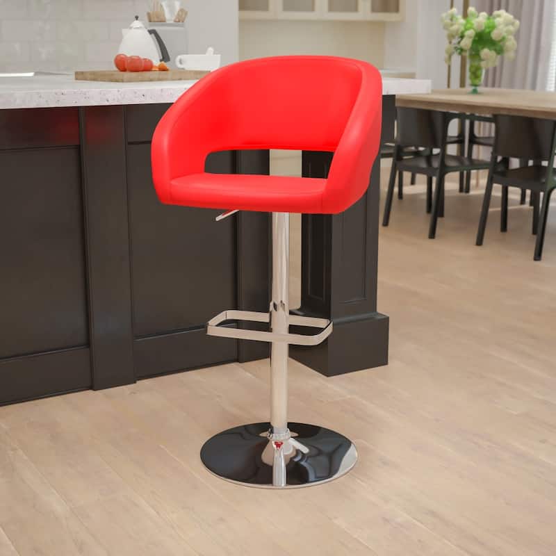 Modern Upholstered Adjustable-Height Barstool with Rounded Back - Red Vinyl