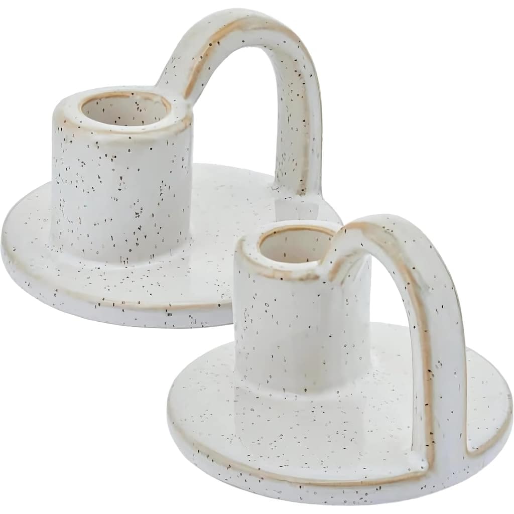 White Ceramic Elise Short Candlestick Set of Two in Glazed Finish