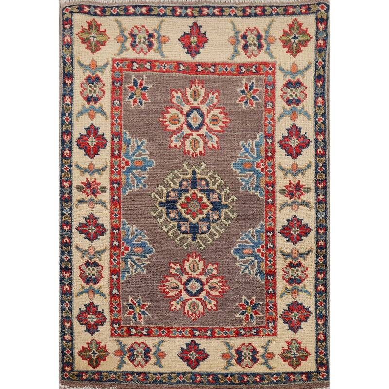 Hand Knotted Oriental 100% Wool Carpet Traditional Geometric Brown Kazak Area Rug - 2' 11'' X 2' 1''