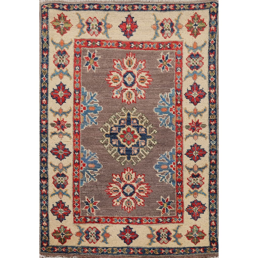 Hand Knotted Oriental 100% Wool Carpet Traditional Geometric Brown Kazak Area Rug - 2' 11'' X 2' 1''