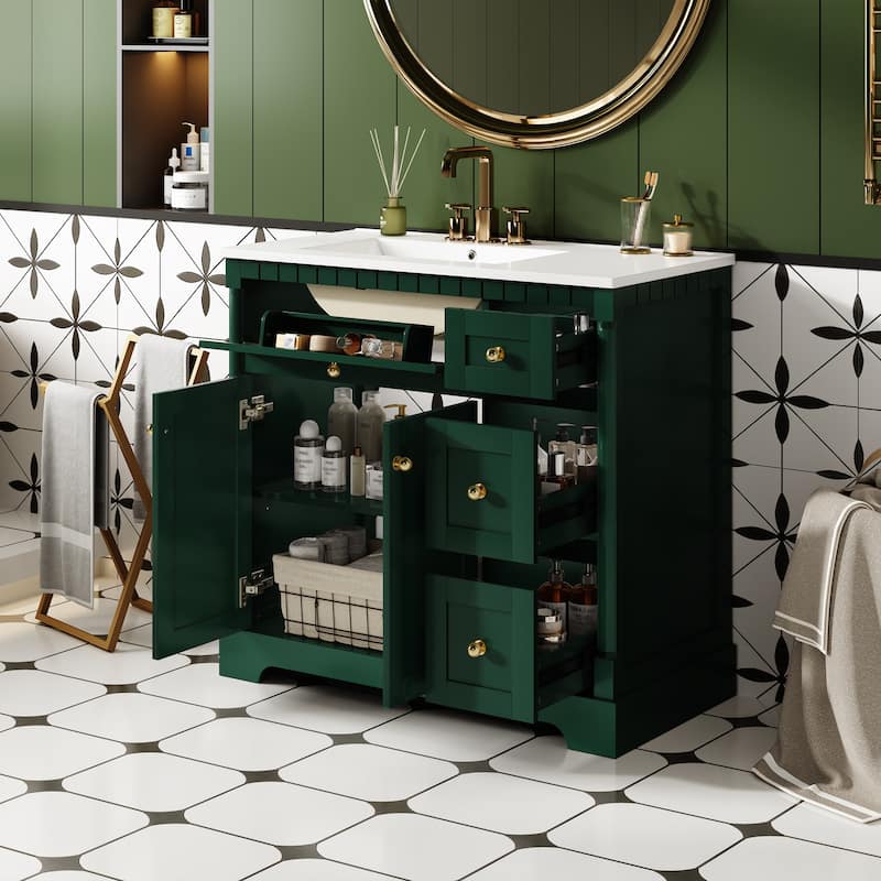 Roomfitters 36 Inch Bathroom Vanity with Sink, Modern Storage Cabinet with Adjustable Shelf and Drawers, Green
