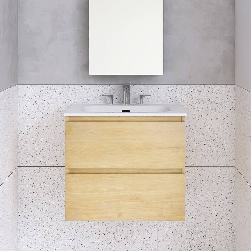 Floating Integrated Bathroom Vanity with Ceramic Sink, Three Faucet Holes - 24'' x 18.3'' x 21.1'' - Oak