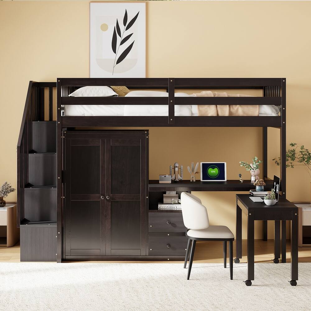 Twin/Full Size Wooden Loft Bed with Stairway and Bookshelf, Solid Pinewood Storage Playhouse Bed Frame with Desk and Wardrobe