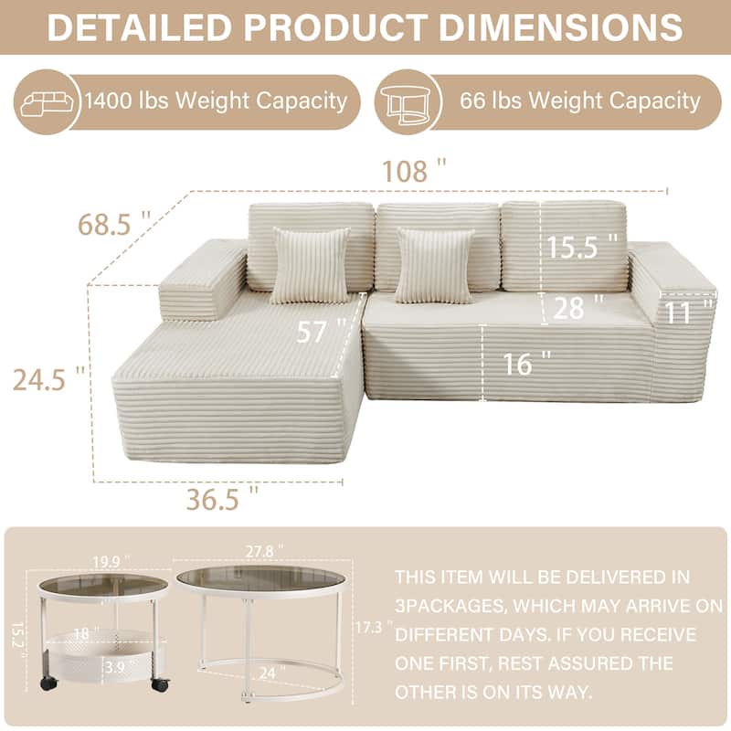 Meyreso No Assembly Required Long Plush L-Shaped Sectional Sofa with Round Nesting Coffee Tables