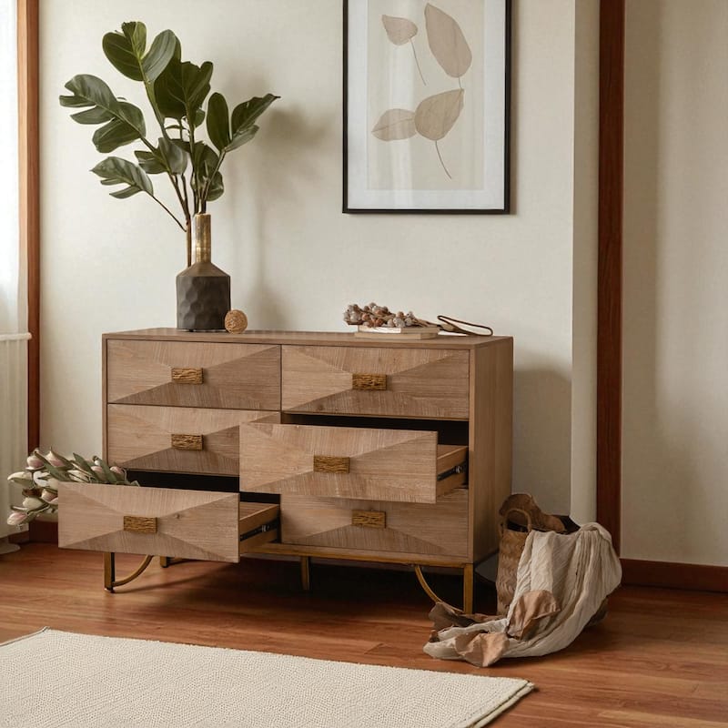 Modern 6 Drawer Dresser with Fluted Fronts, Solid Wood and MDF Chest of Drawers, Storage Cabinet with Metal Rails