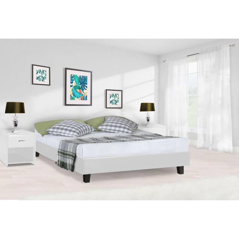 Contemporary Platform Bed Frame in Faux Leather with Slats and Solid Wood Support for Bedroom