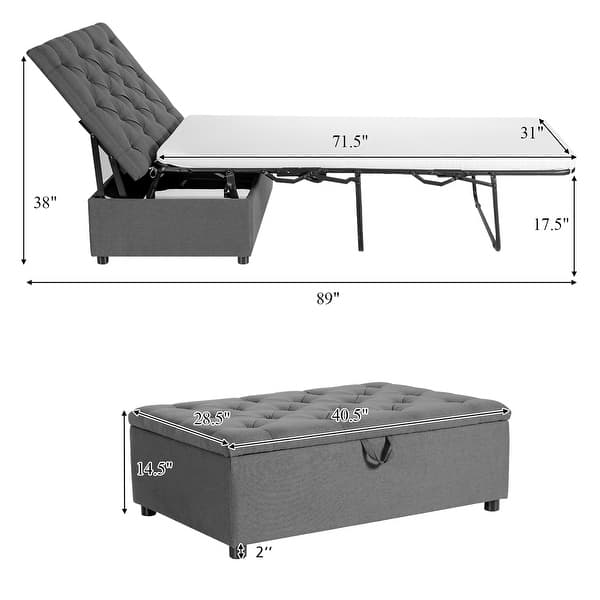 dimension image slide 1 of 3, Costway Folding Ottoman Sleeper Bed with Mattress Convertible Guest - See details