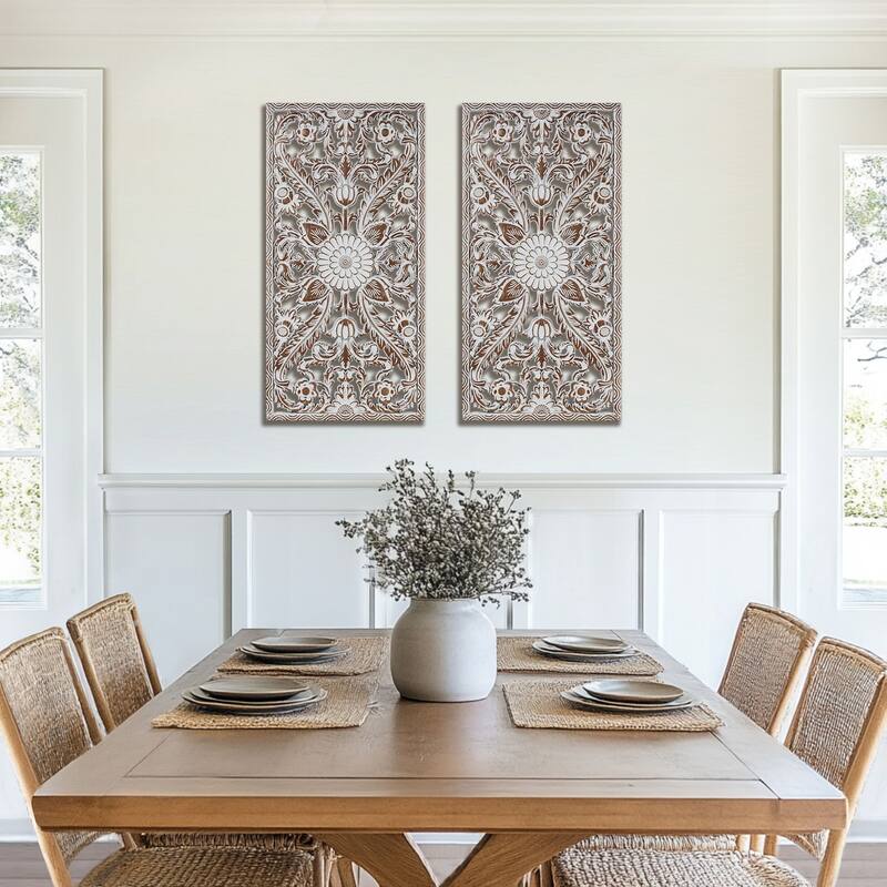 Madison Park Botanical Distressed Carved Wood Wall Decor (Set of 2) - Antique Brown