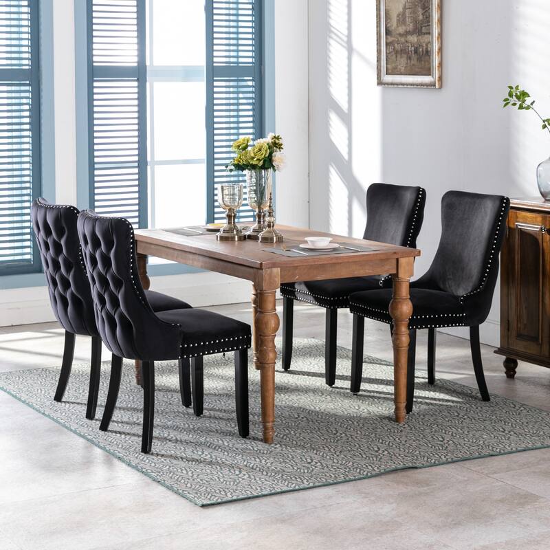 Velvet Upholstered Dining Chair Set of 2, Wing-Back Kitchen Chairs with Backstitching Nailhead Trim and Solid Wood Legs
