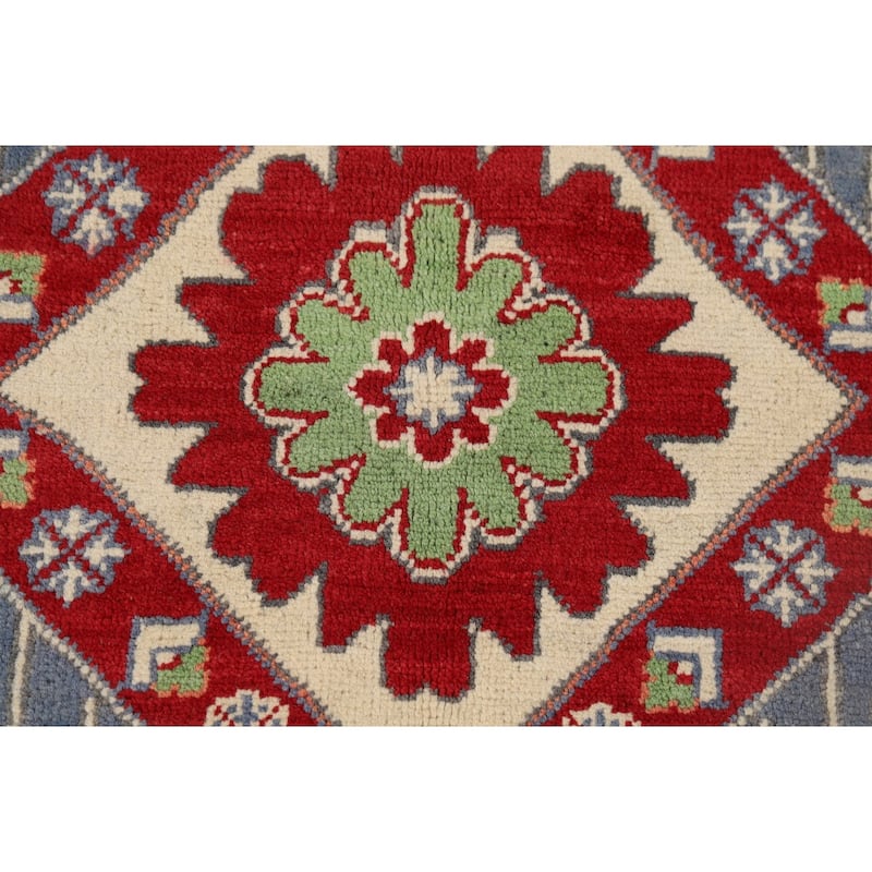 Geometric Blue Kazak Oriental Foyer Rug Hand-Knotted Wool Carpet - 3'4" x 4'11"
