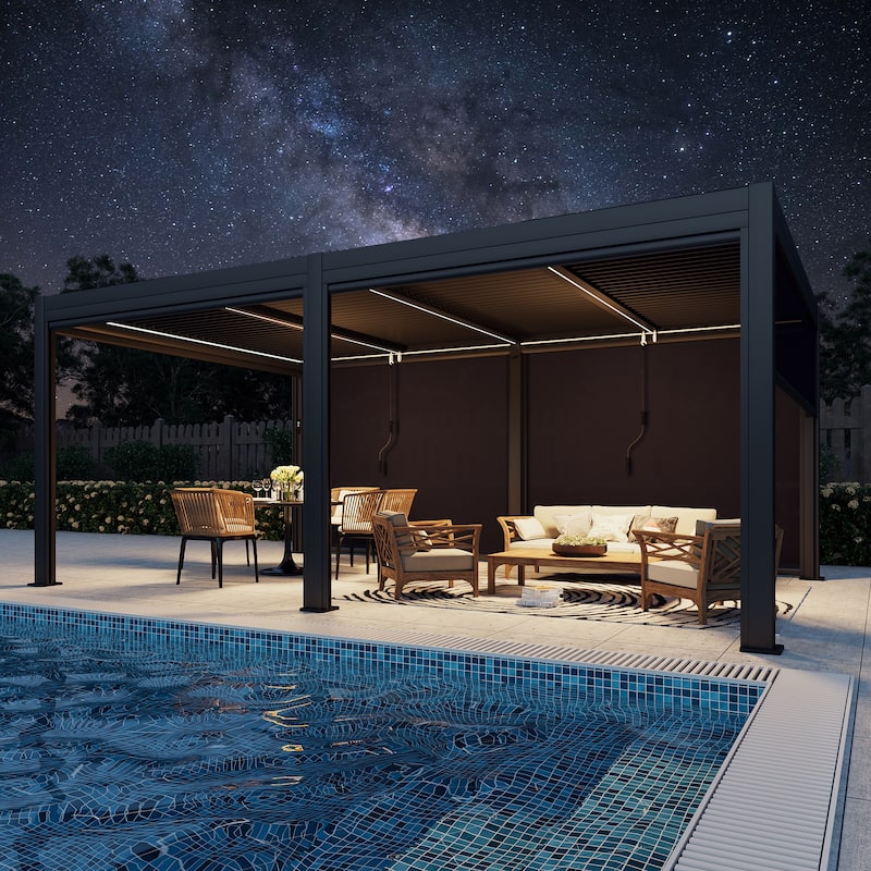 EROMMY Outdoor Louvered Pergola Gazebo with Adjustable Aluminum Rainproof Roof and Pull-Down Screen