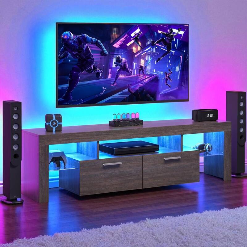 63" LED TV Stand with Drawers, Brown Wood Farmhouse Console for 40-75" TVs, Glossy Entertainment Center