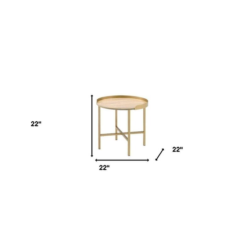 HomeRoots 22" Gold And Oak Manufactured Wood And Metal Round End Table - 22' X '22' X '22