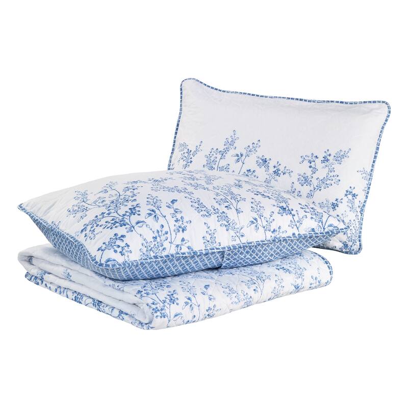Laura Ashley Flora Cotton Reversible Blue Quilt Set On Sale Bed