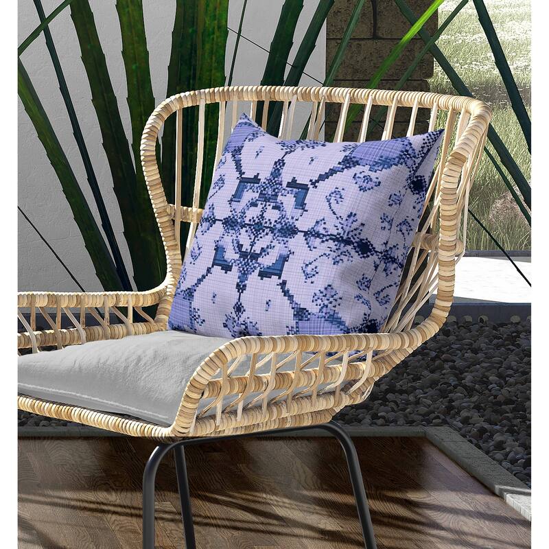 Gridded Blossom Indoor/Outdoor Reversible Throw Pillow Blue