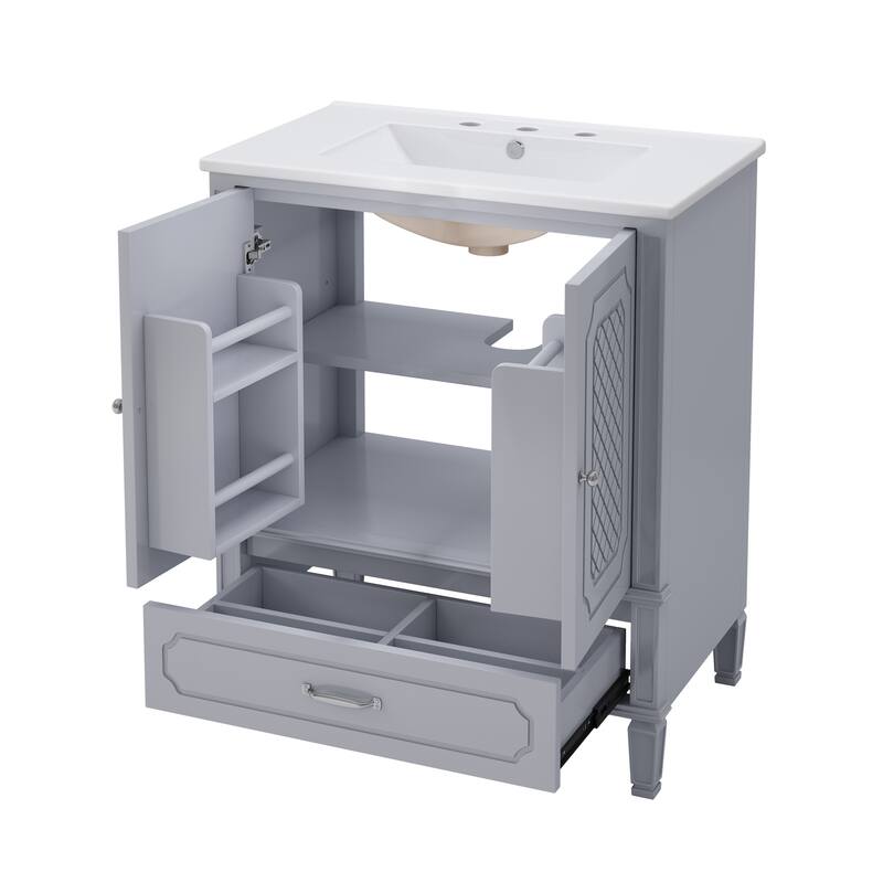 60" Bathroom Vanity with Double Ceramic Sink Combo Set, 2 Free Standing Cabinet with Soft-closing Door Organizers, 2 Drawers